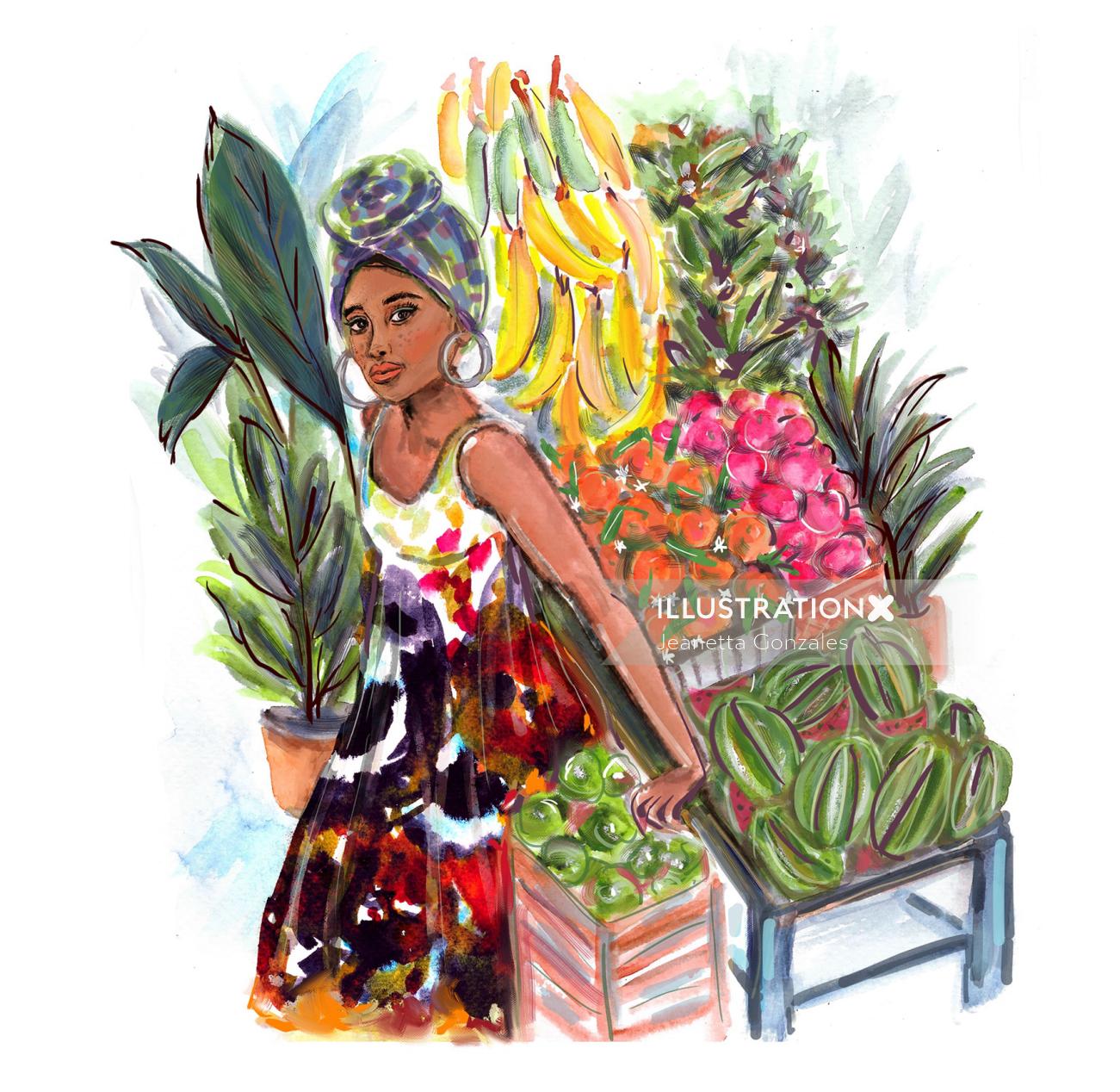 Entitled Lady at the Market watercolor illustration 