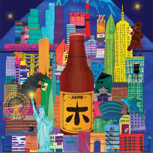 Hoppy Beer architecture graphic of Tokyo and Newyork
