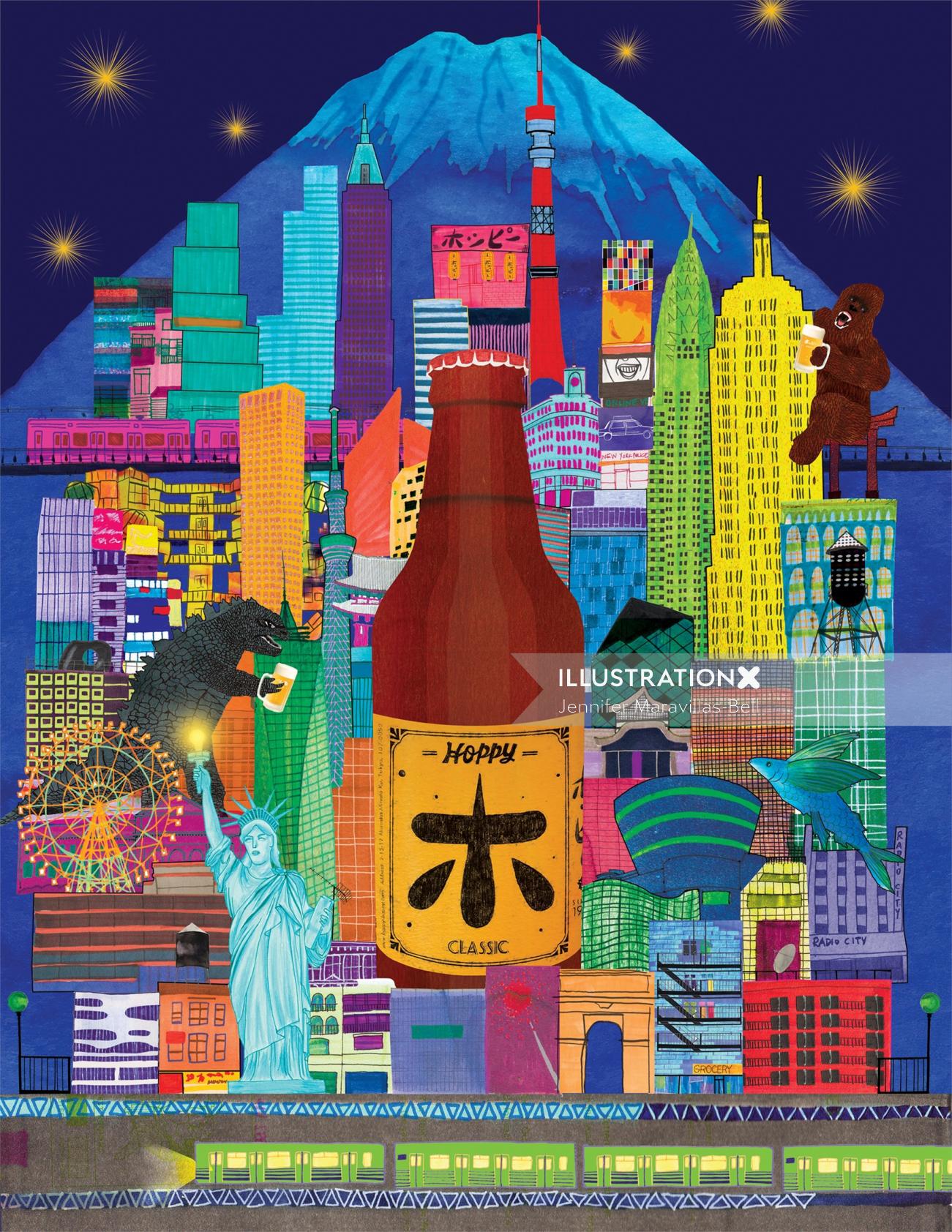 Hoppy Beer arquitectura gráfica de Tokio y Nueva York