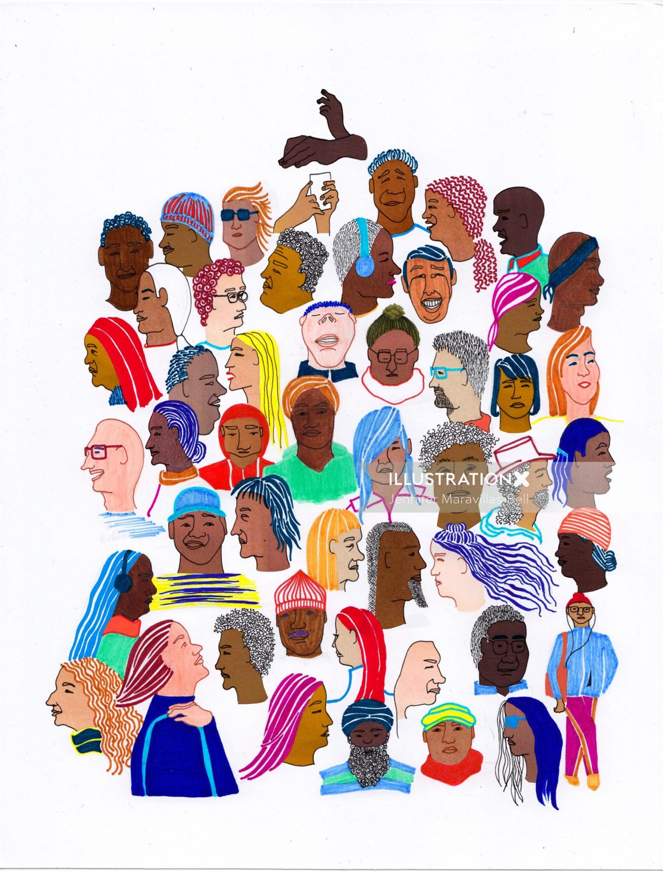 Conjunto de rostos de pessoas em aquarela