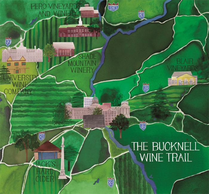 Peinture à l&#39;aquarelle de la carte de la route des vins de Bucknell