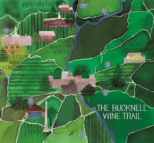 Watercolour Painting of The Bucknell Wine Trail Map