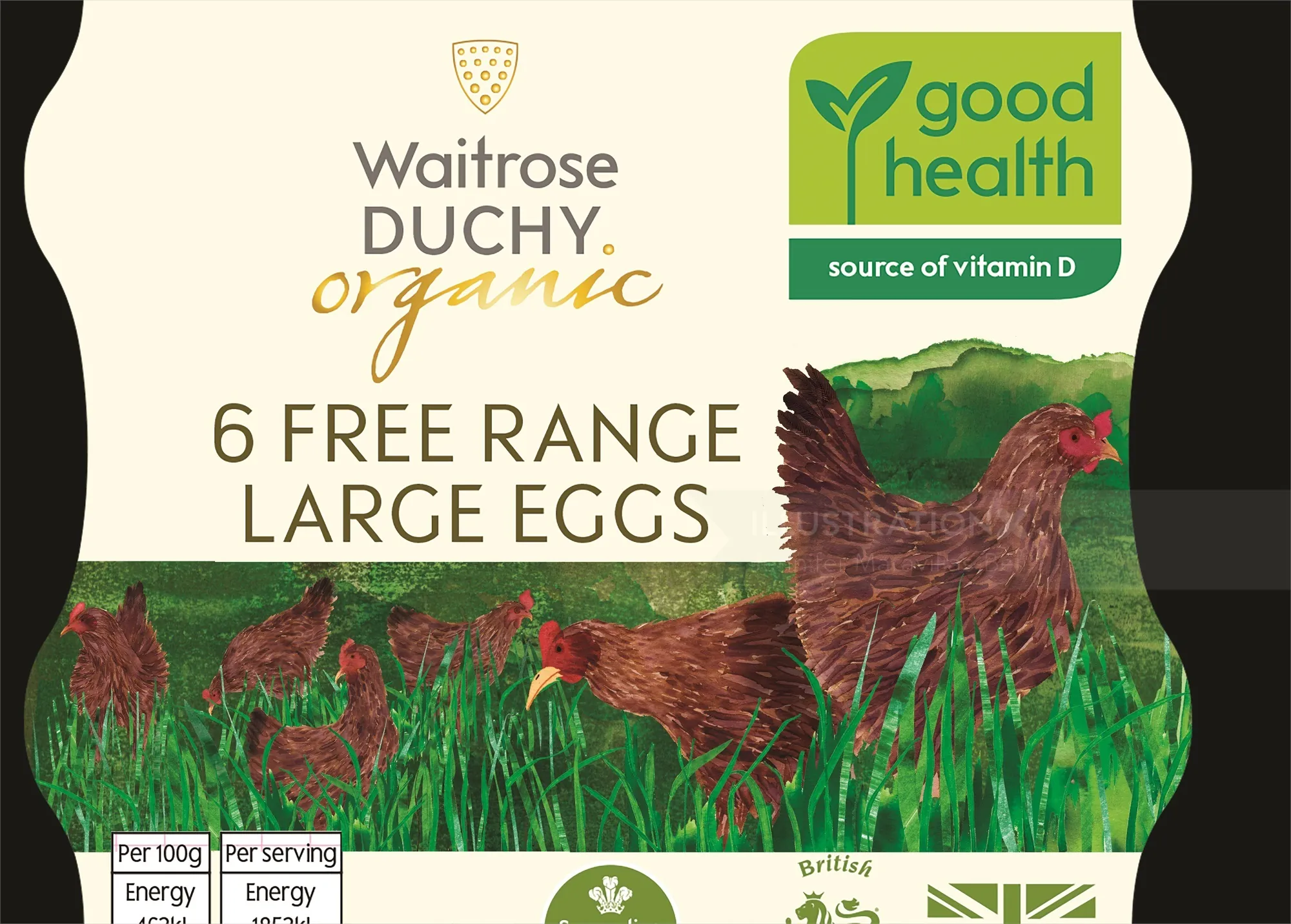 Waitrose Duchy Organic 6 free range large eggs packaging with chickens and health label by Jennifer 