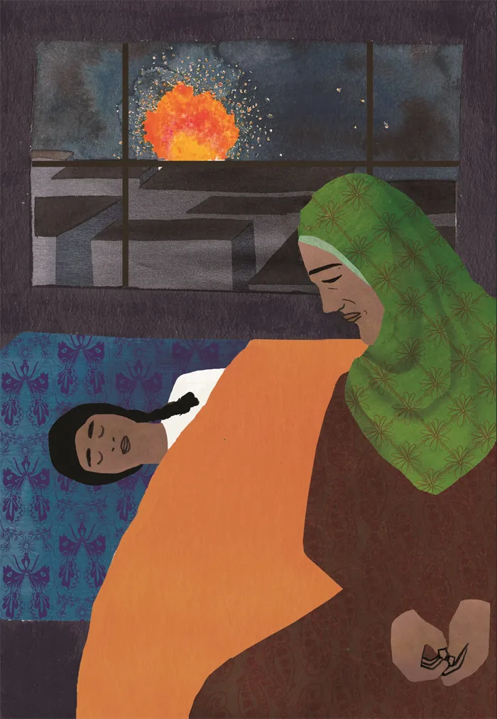Woman in green shawl watches sleeping girl near window with explosion outside by Jennifer Maravillas