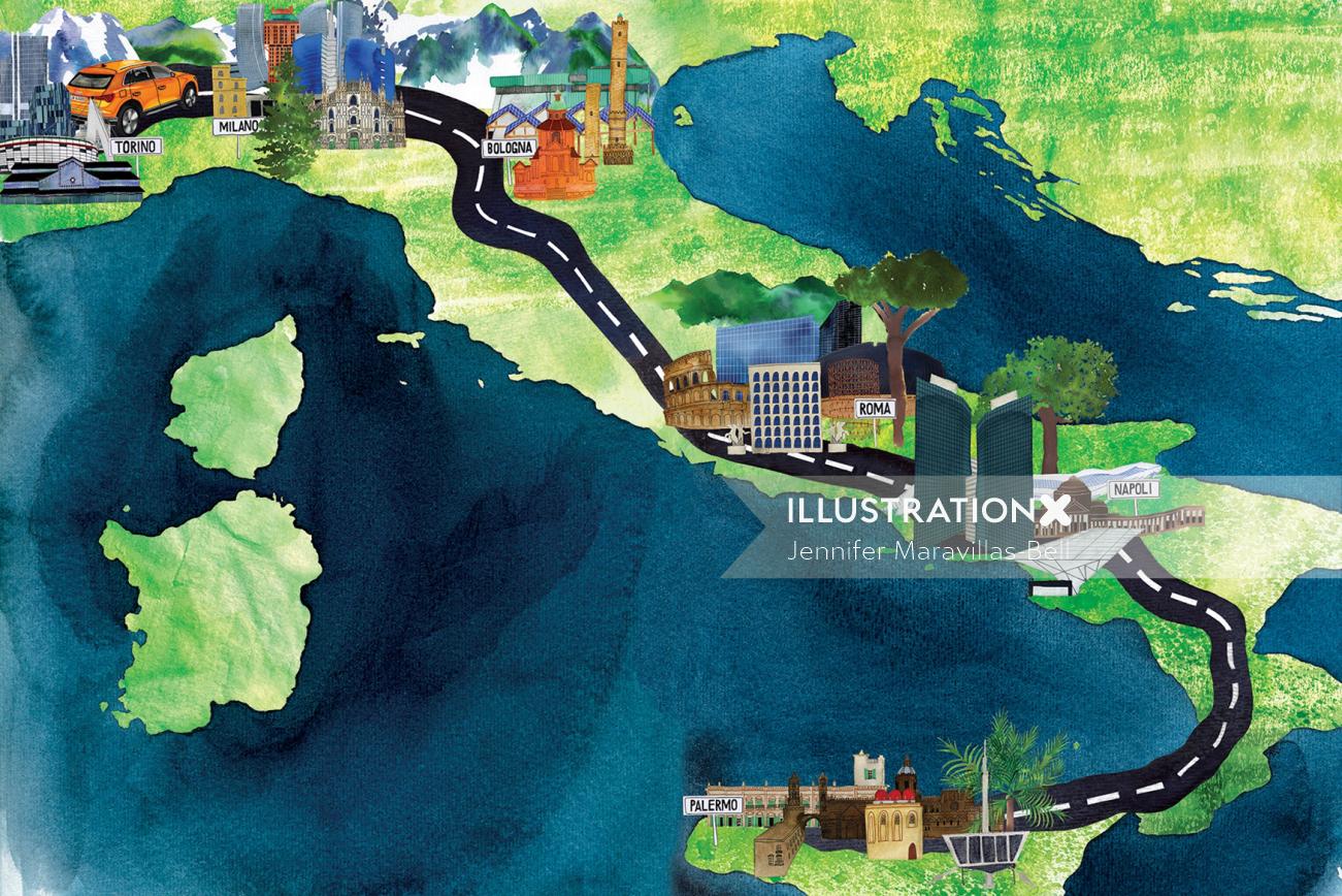Italy map painting for Vanity Fair Italia for Audi