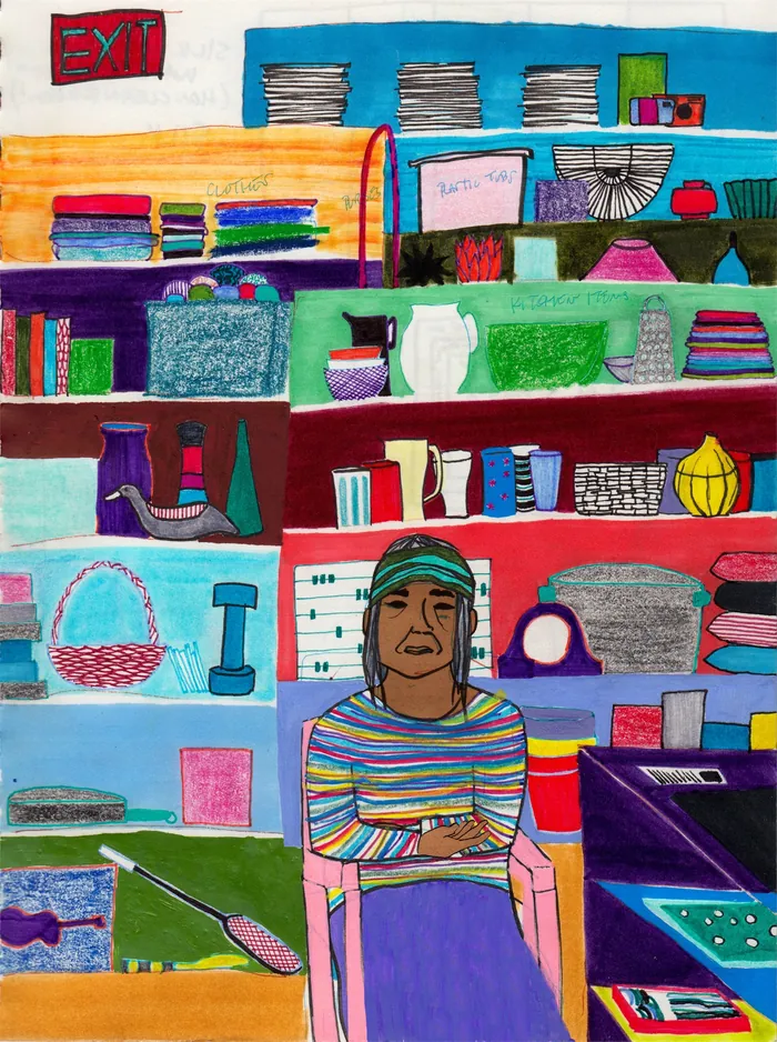 Colorful store interior with shelves, items, and a person standing with crossed arms by Jennifer Mar