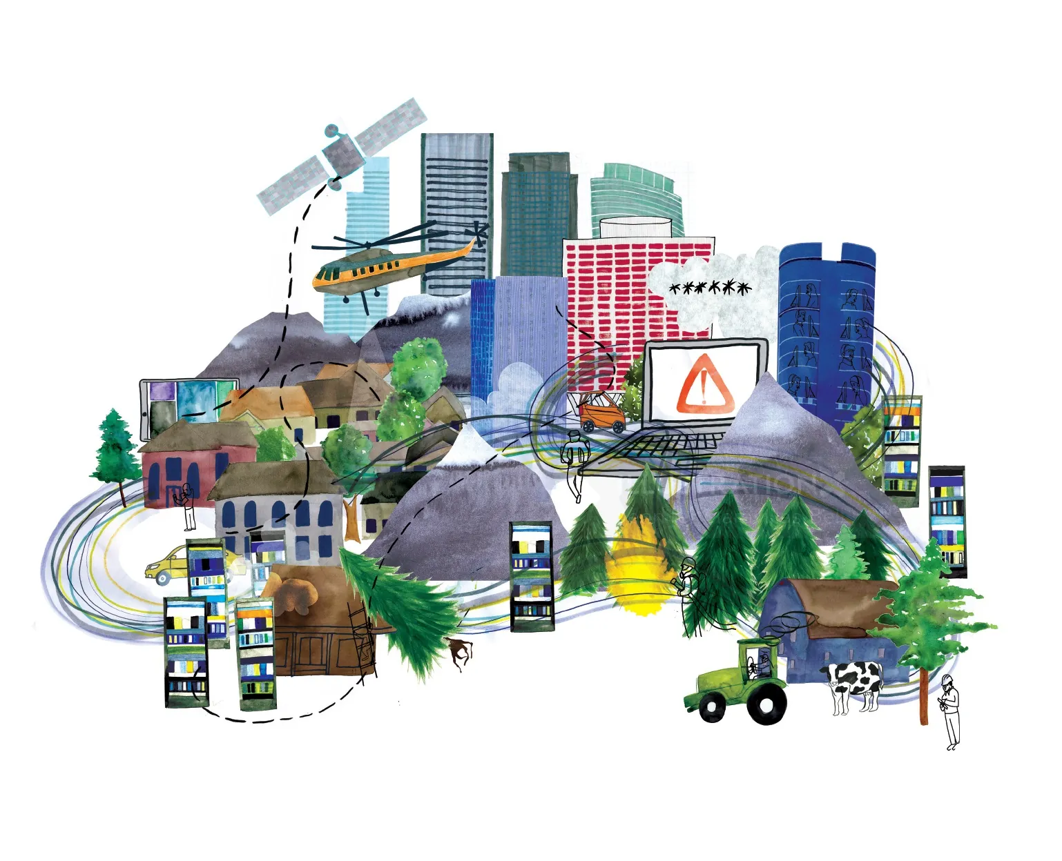 Collage of city buildings, mountains, and technology by Jennifer Maravillas-Bell