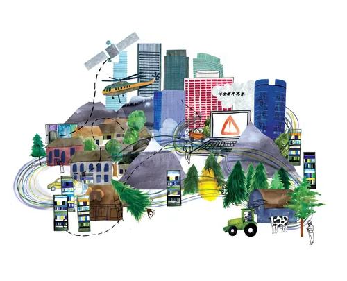 Collage of city buildings, mountains, and technology by Jennifer Maravillas-Bell