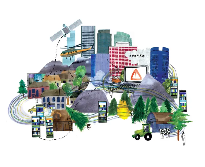 Collage of city buildings, mountains, and technology by Jennifer Maravillas-Bell