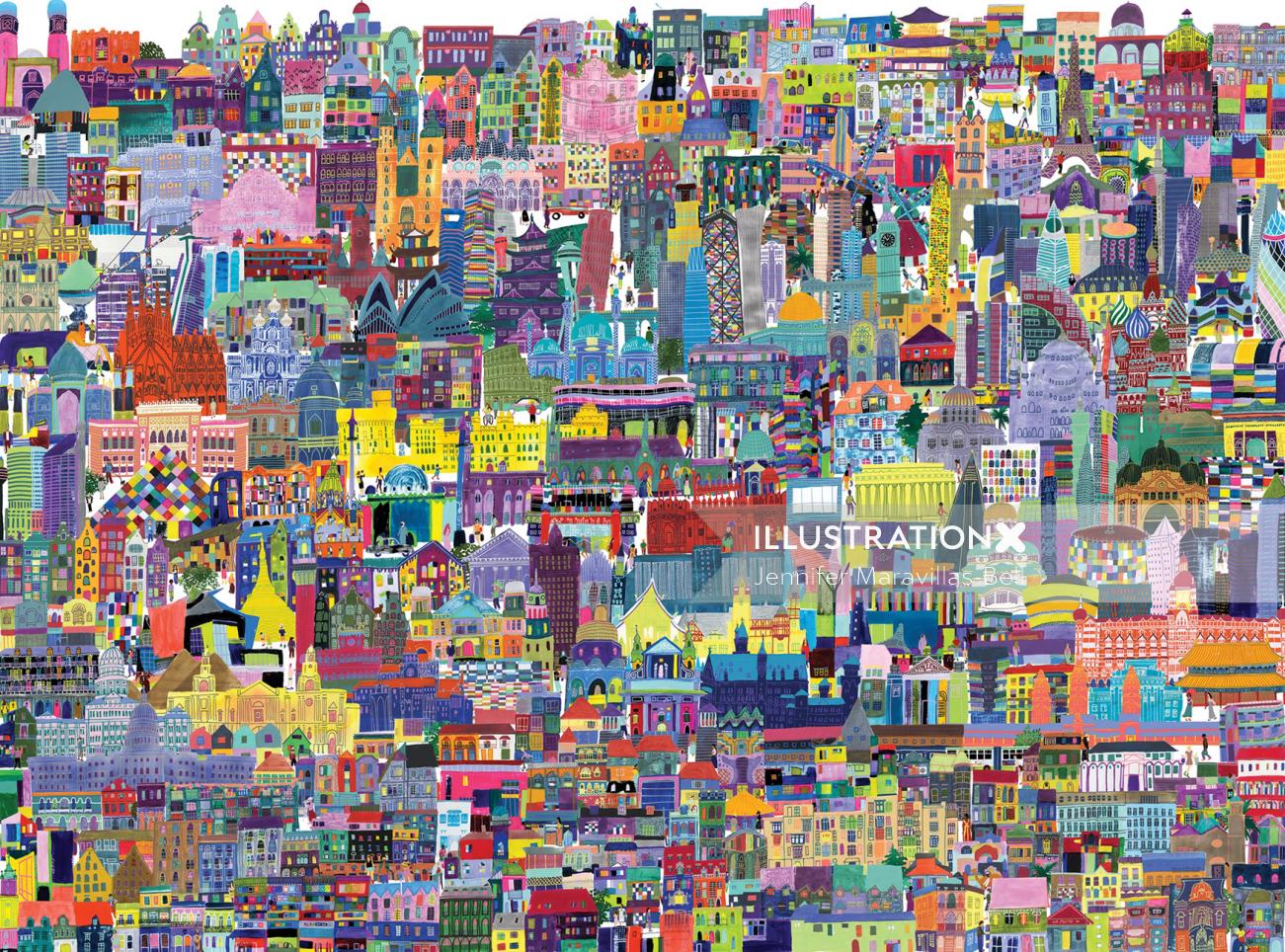 Buildings of the world, illustration, puzzle