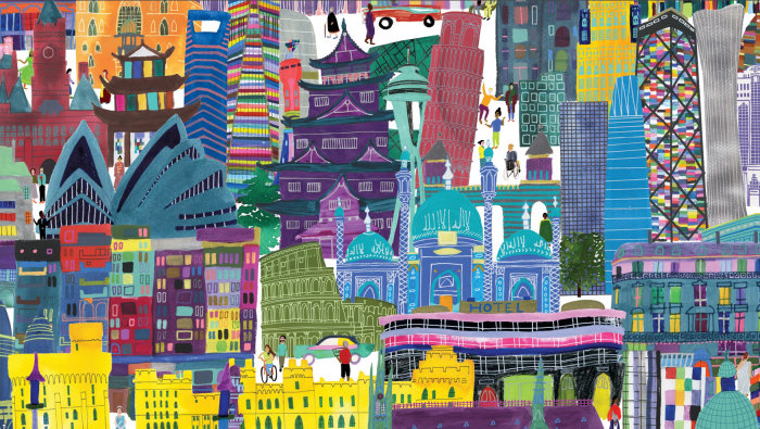 Illustration de puzzle concernant les bâtiments du monde amassés