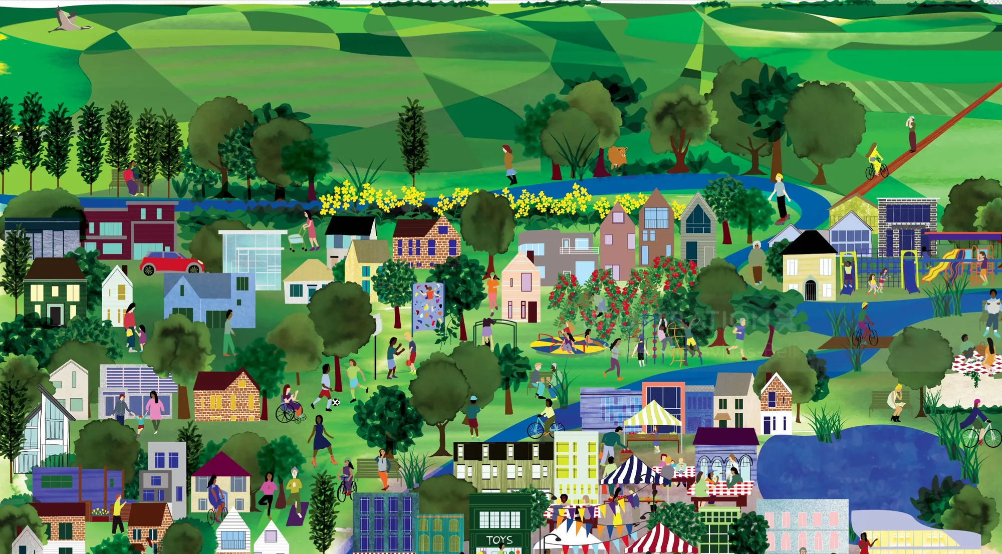 Village landscape with houses, trees, and people by Jennifer Maravillas-Bell