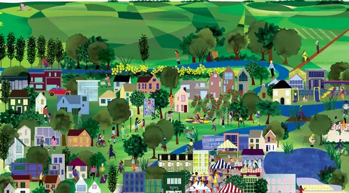 Village landscape with houses, trees, and people by Jennifer Maravillas-Bell