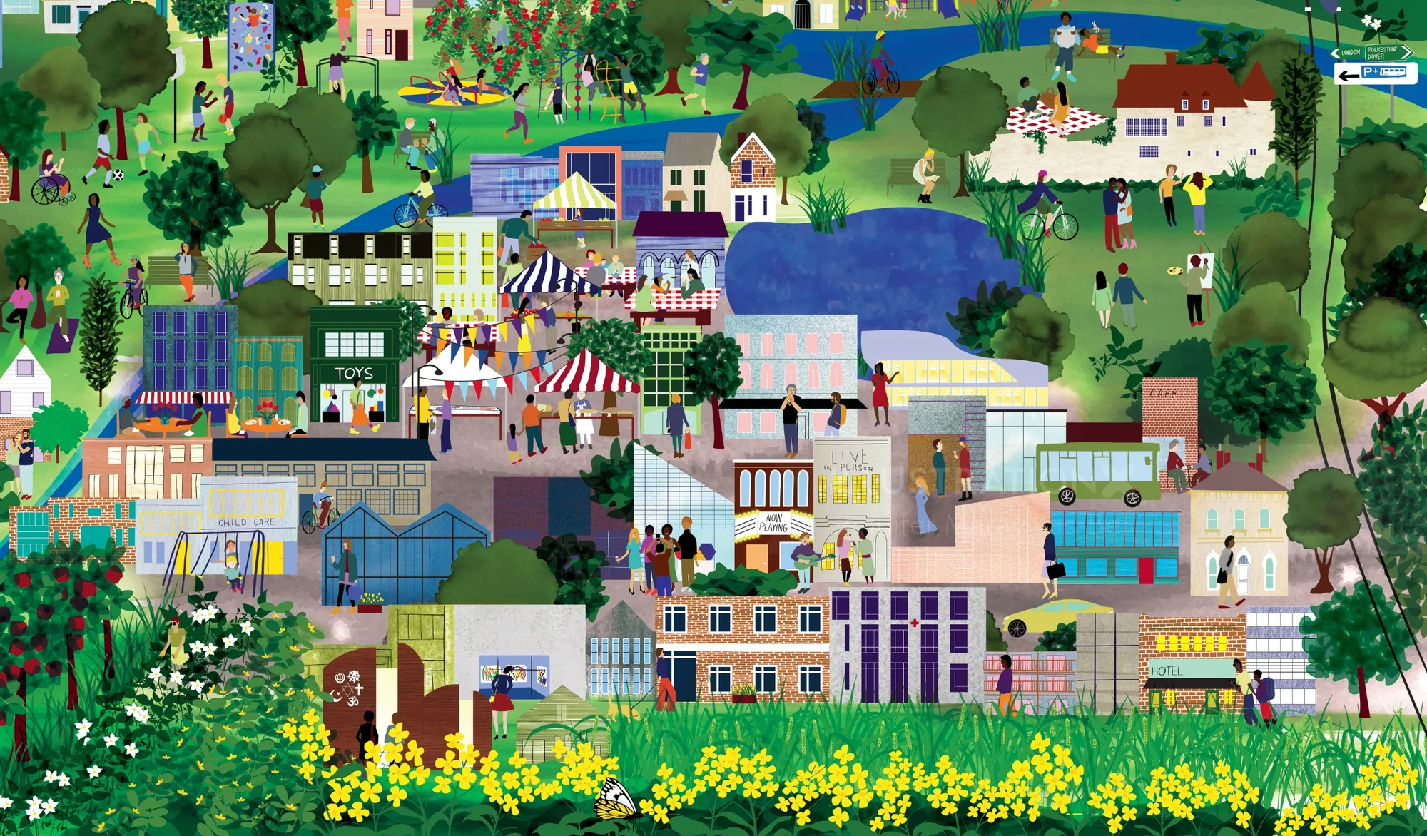 Colorful town with houses, lake, and trees in a detailed landscape by Jennifer Maravillas-Bell