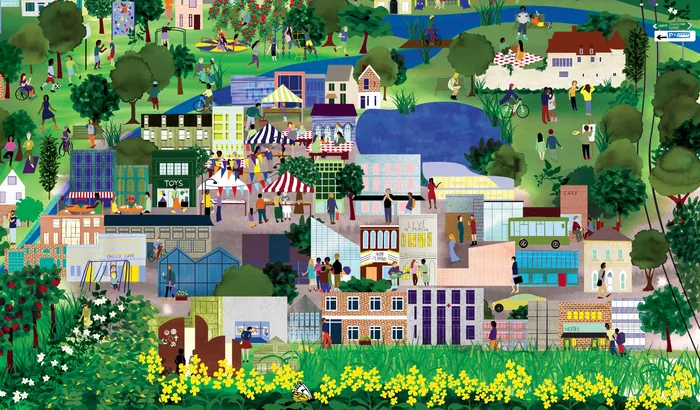 Colorful town with houses, lake, and trees in a detailed landscape by Jennifer Maravillas-Bell