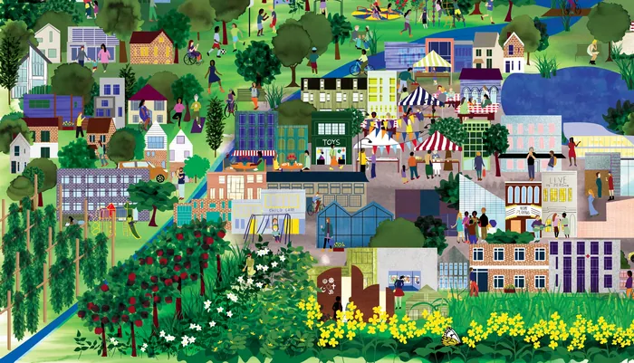 Colorful village landscape with houses, gardens, and people by Jennifer Maravillas-Bell