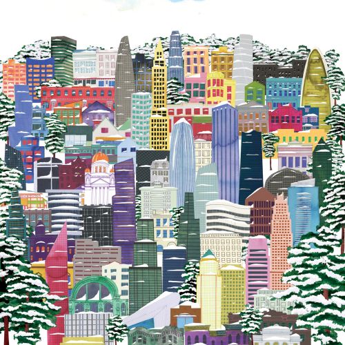 A snowy cityscape puzzle search game