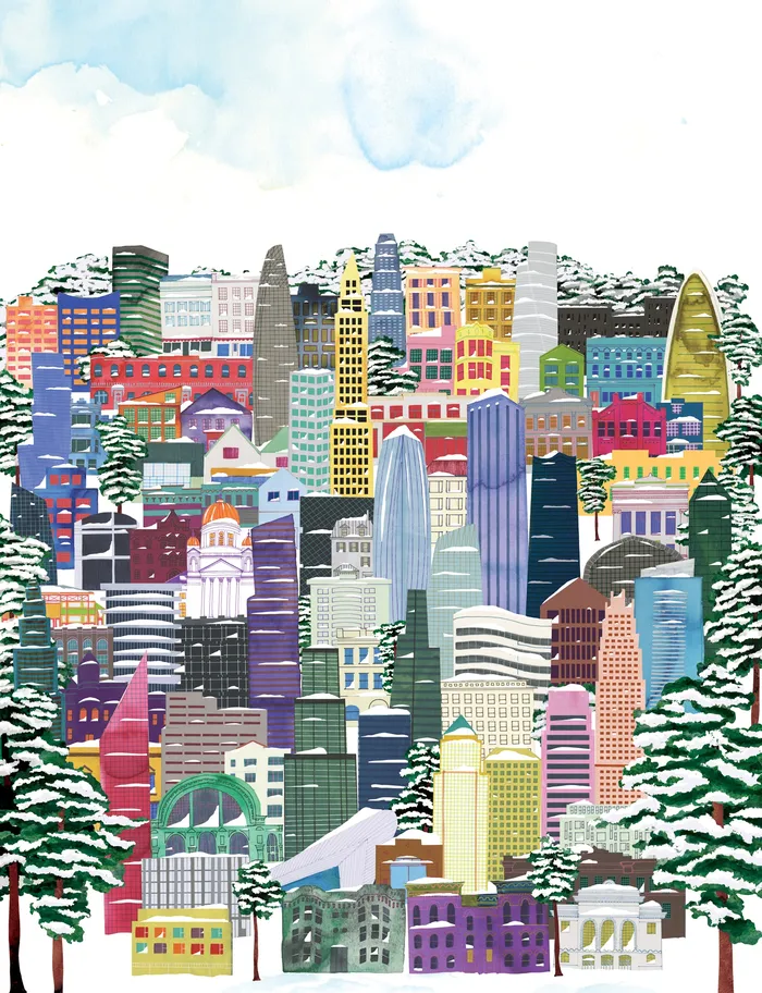 A snowy cityscape puzzle search game