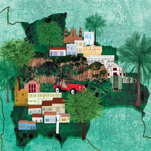 Illustrated map of Bolivia with buildings, greenery, and red vehicle by Jennifer Maravillas-Bell