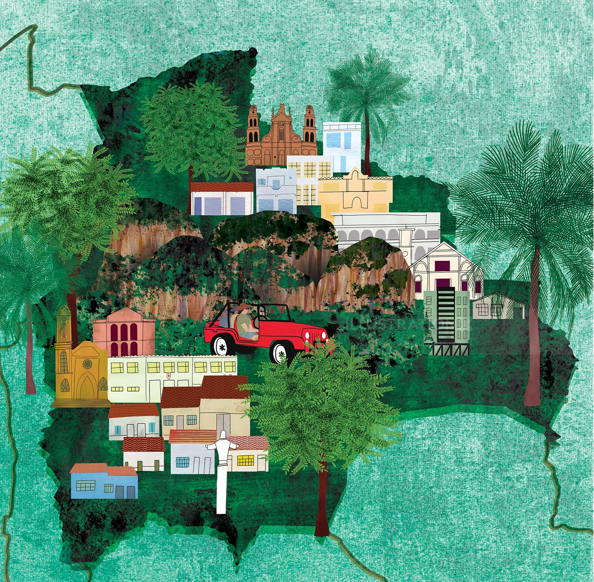 Illustrated map of Bolivia with buildings, trees, and a red car