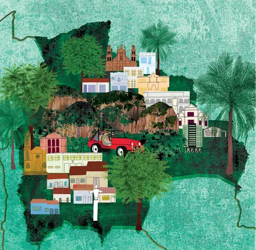 Illustrated map of Bolivia with buildings, greenery, and red vehicle by Jennifer Maravillas-Bell