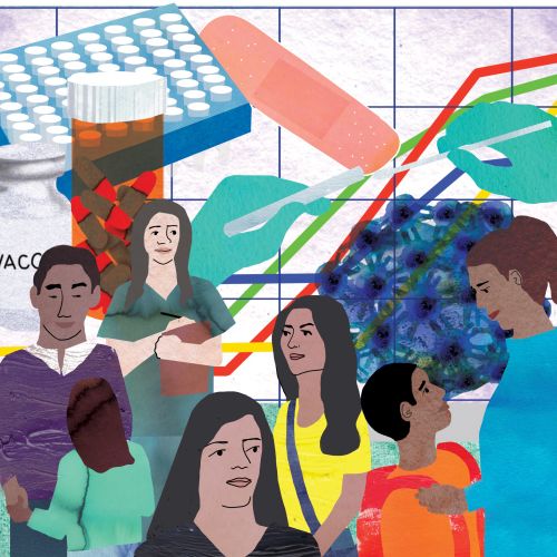 Illustration of diverse people and vaccine vials in a healthcare setting by Jennifer Maravillas-Bell