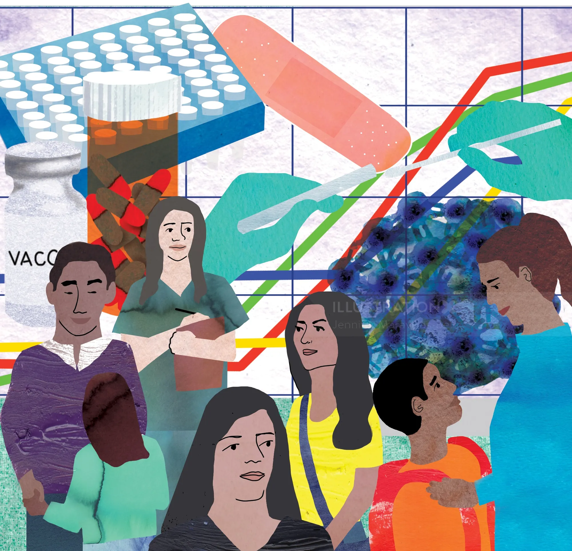 Illustration of diverse people with vaccine and medical symbols