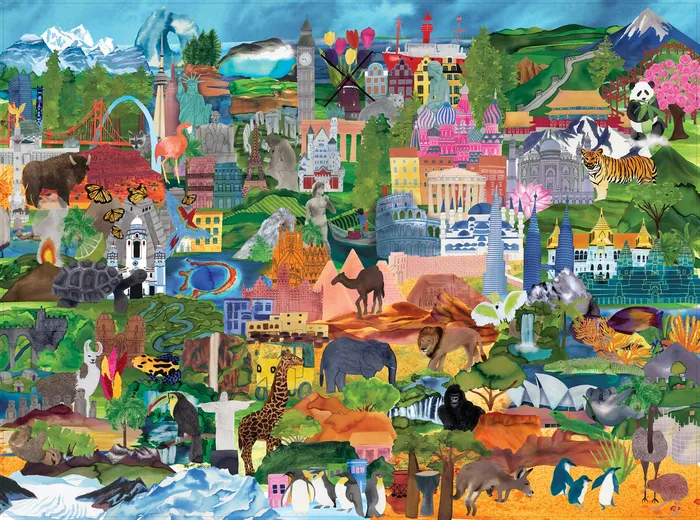 A whimsical world collage by Crocodile Creek puzzles