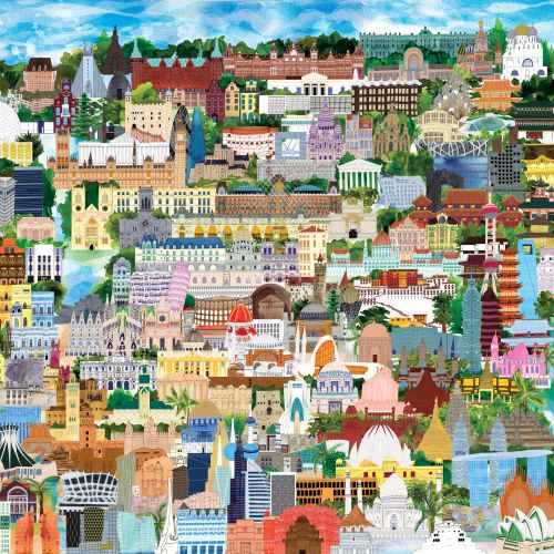 Colorful illustration of famous world architectural landmarks