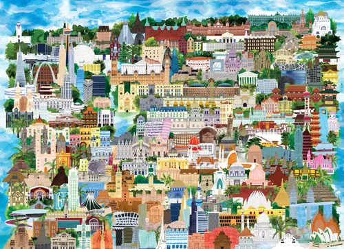 Colorful illustration of famous world architectural landmarks