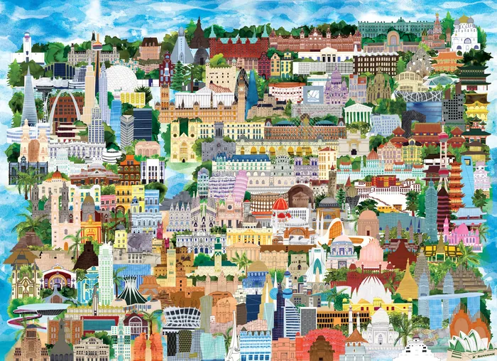 Colorful illustration of famous world architectural landmarks