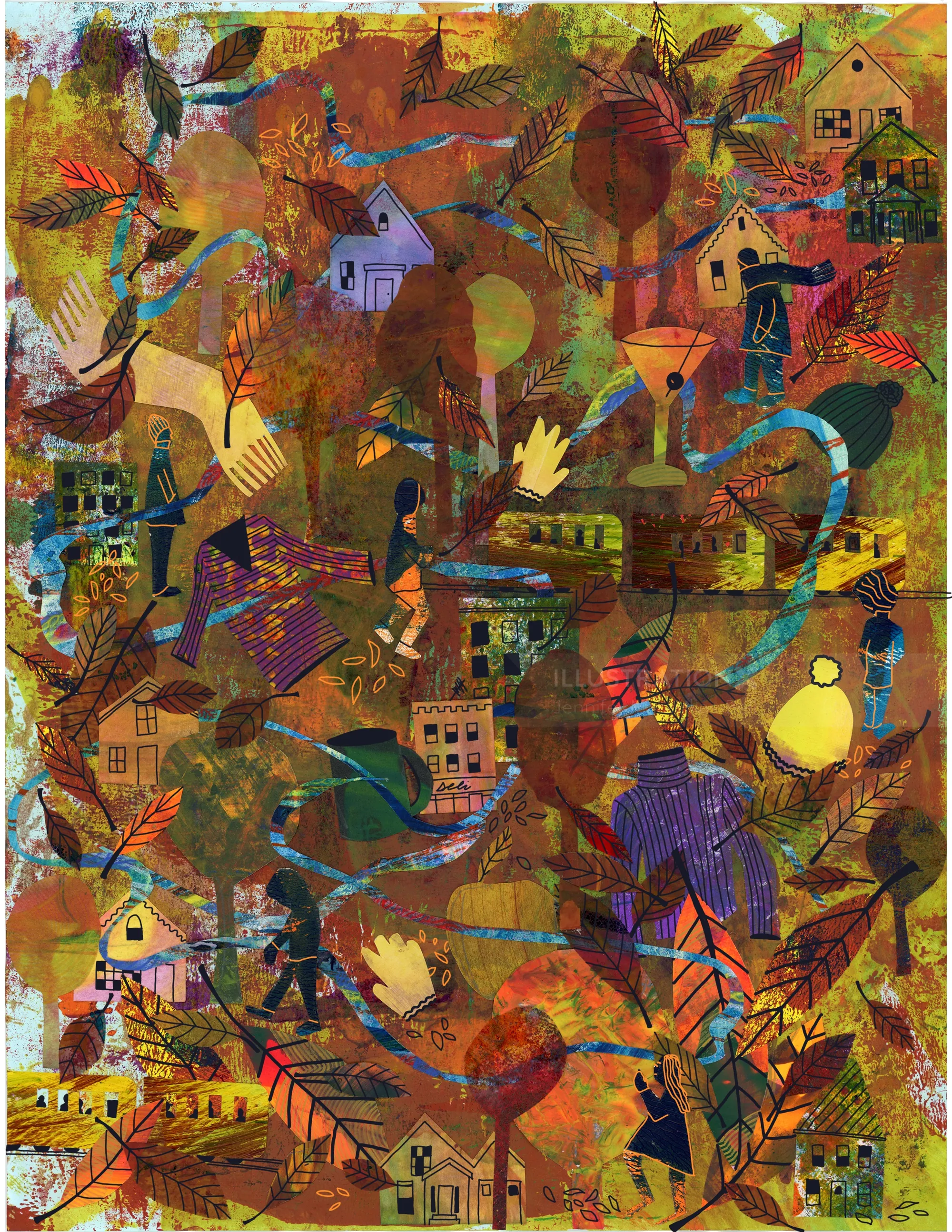 Colorful autumn landscape with houses, trees, and falling leaves by Jennifer Maravillas-Bell