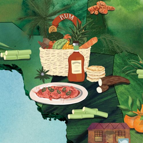 Illustrated map of Jamaica with food, rum, and tropical produce by Jennifer Maravillas-Bell