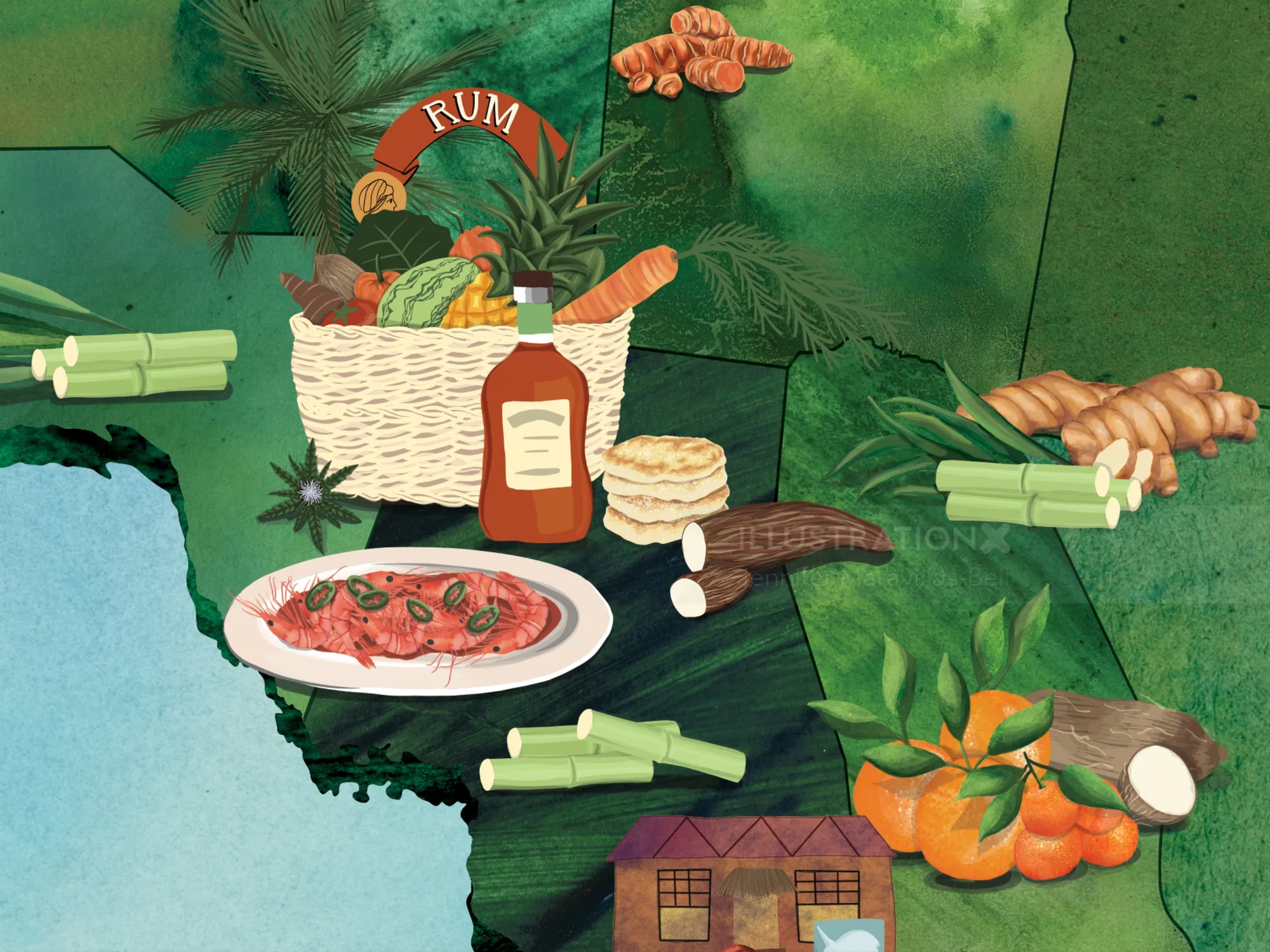 Illustrated map of Jamaica with food, rum, and tropical produce by Jennifer Maravillas-Bell