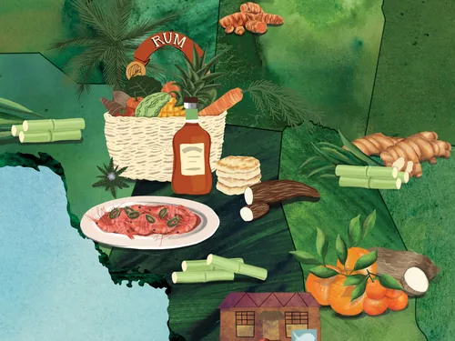 Illustrated map of Jamaica with food, rum, and tropical produce by Jennifer Maravillas-Bell