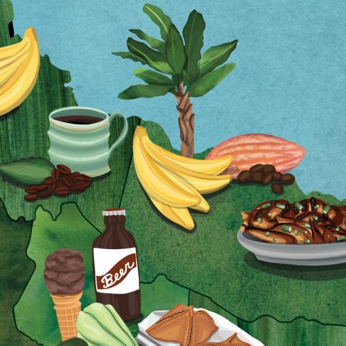 Illustrated Jamaica map with bananas, coffee, and traditional dishes by Jennifer Maravillas-Bell