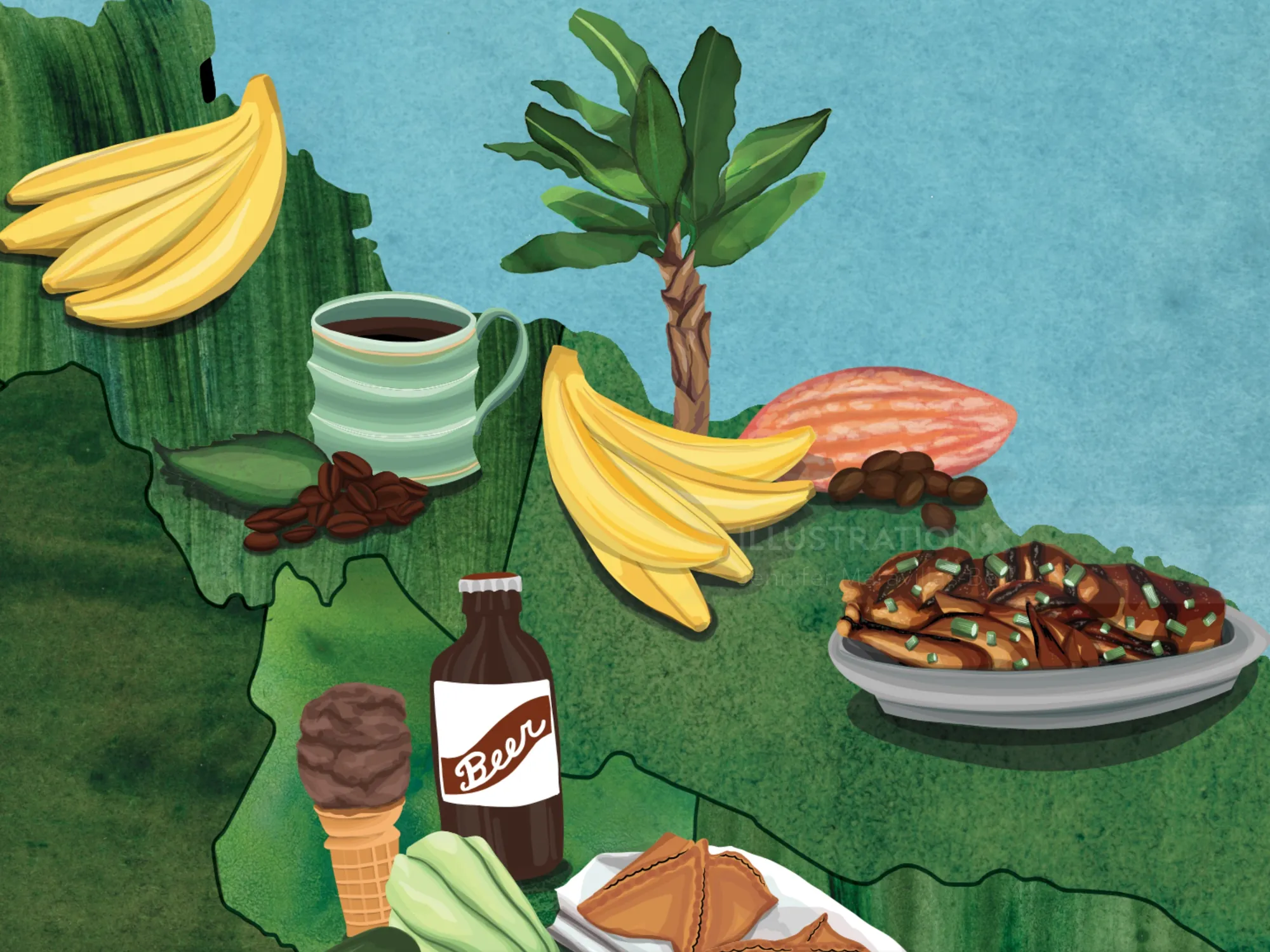 Illustrated Jamaica map with bananas, coffee, and traditional dishes by Jennifer Maravillas-Bell