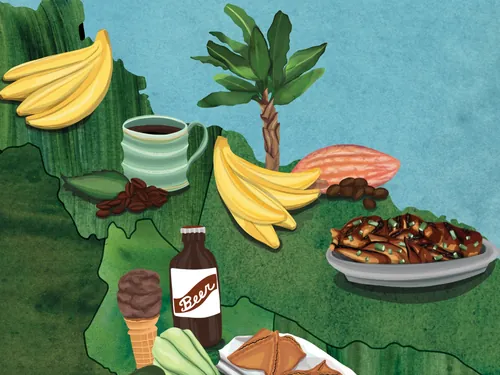 Illustrated Jamaica map with bananas, coffee, and traditional dishes by Jennifer Maravillas-Bell