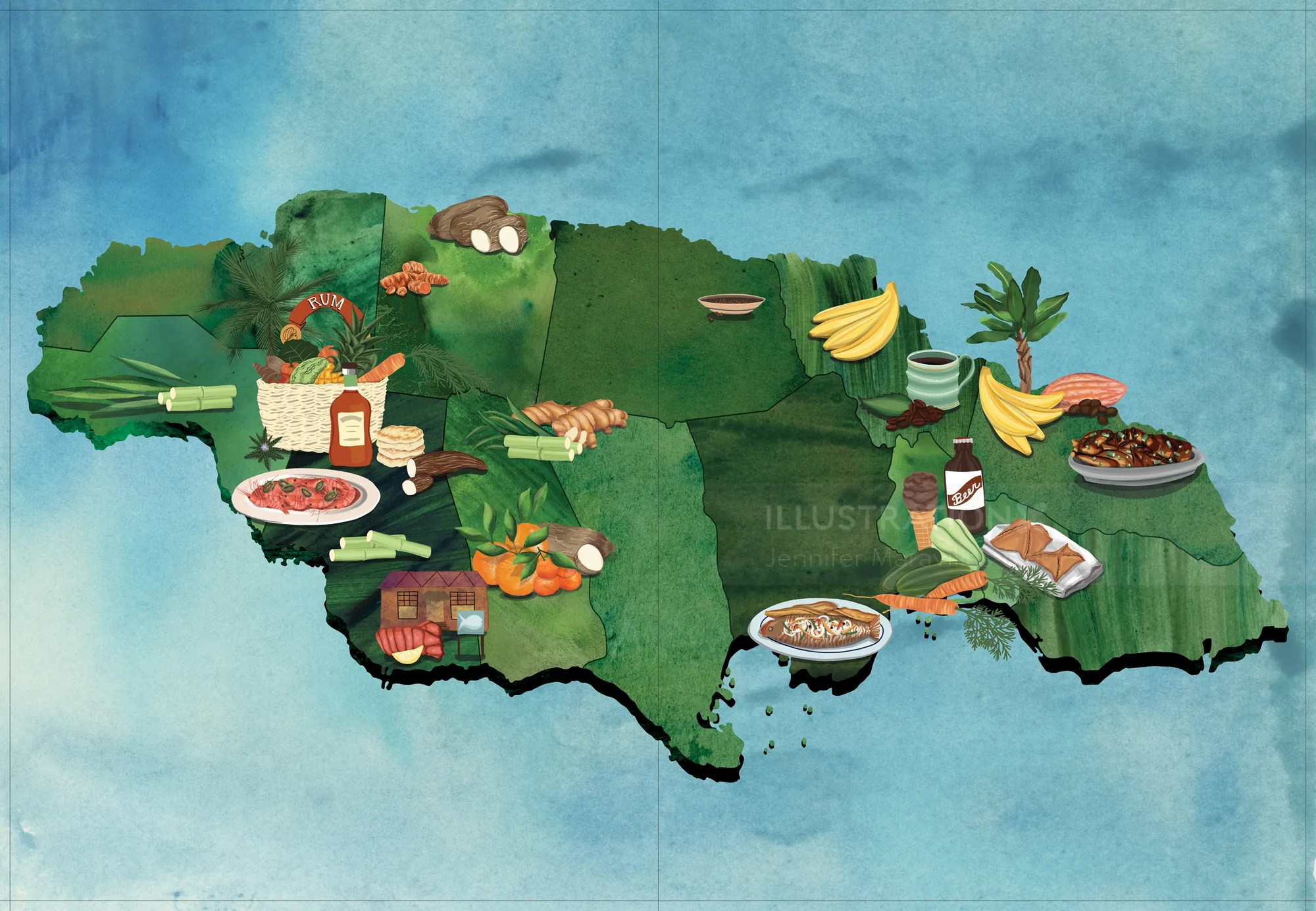 Map of Jamaica with foods and landmarks, artwork by Jennifer Maravillas-Bell