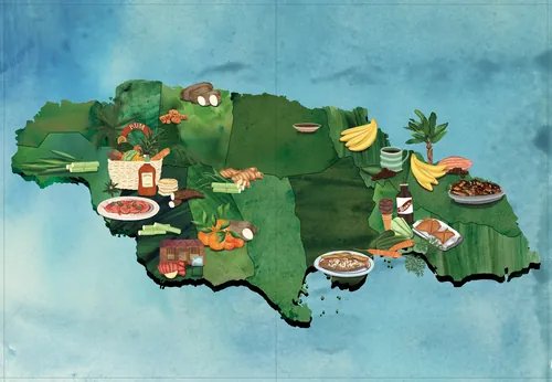 Map of Jamaica with foods and landmarks, artwork by Jennifer Maravillas-Bell