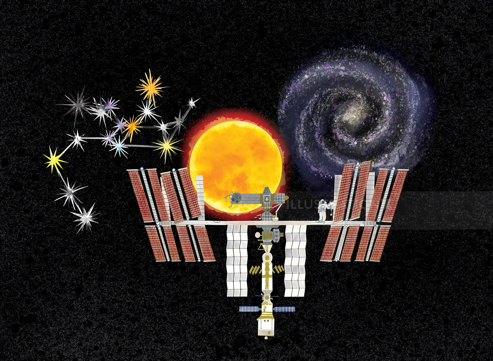 International Space Station near sun, galaxy, and stars by Jennifer Maravillas-Bell