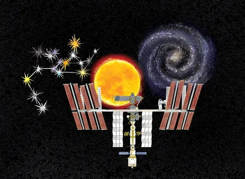 International Space Station near sun, galaxy, and stars by Jennifer Maravillas-Bell