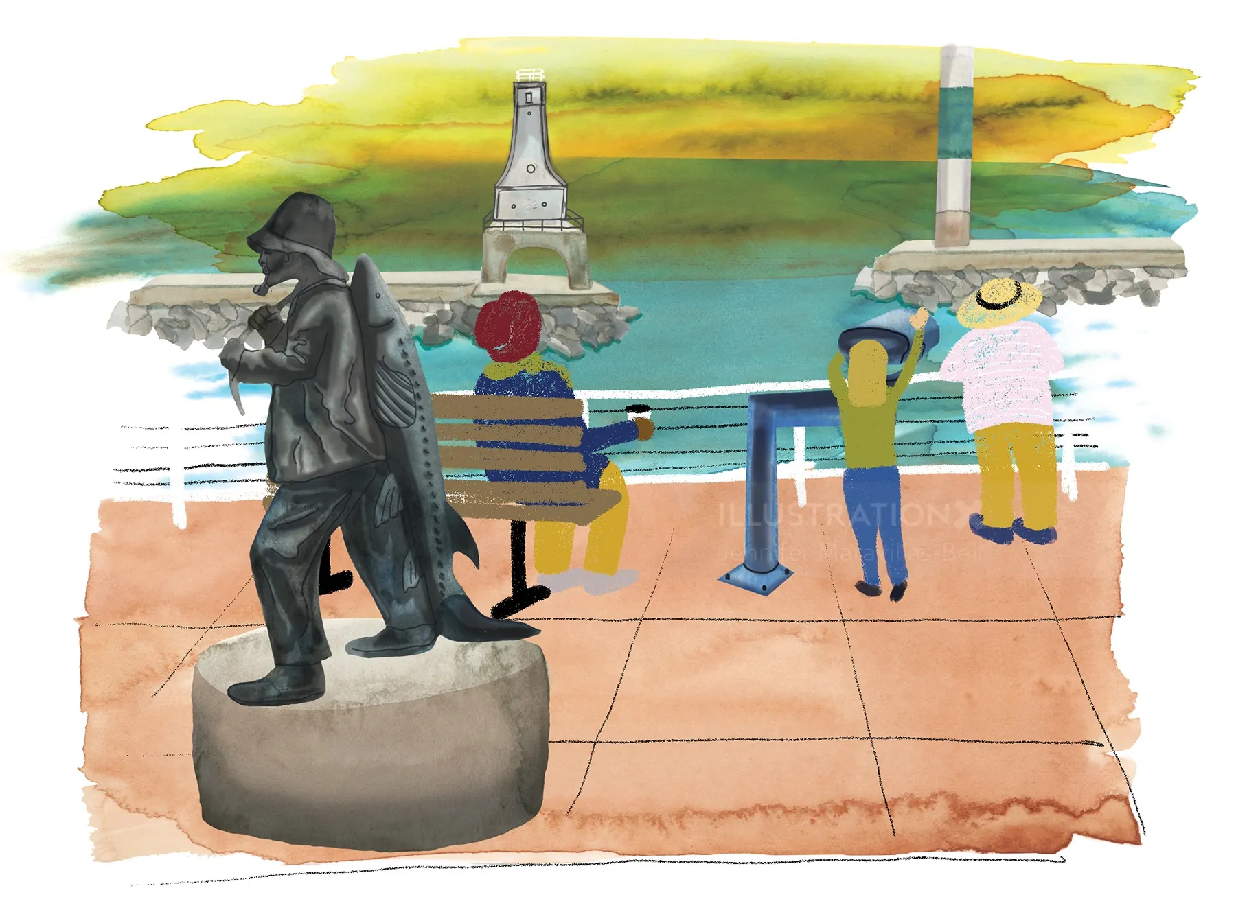 Bronze statue and visitors at waterfront with ships, by Jennifer Maravillas-Bell
