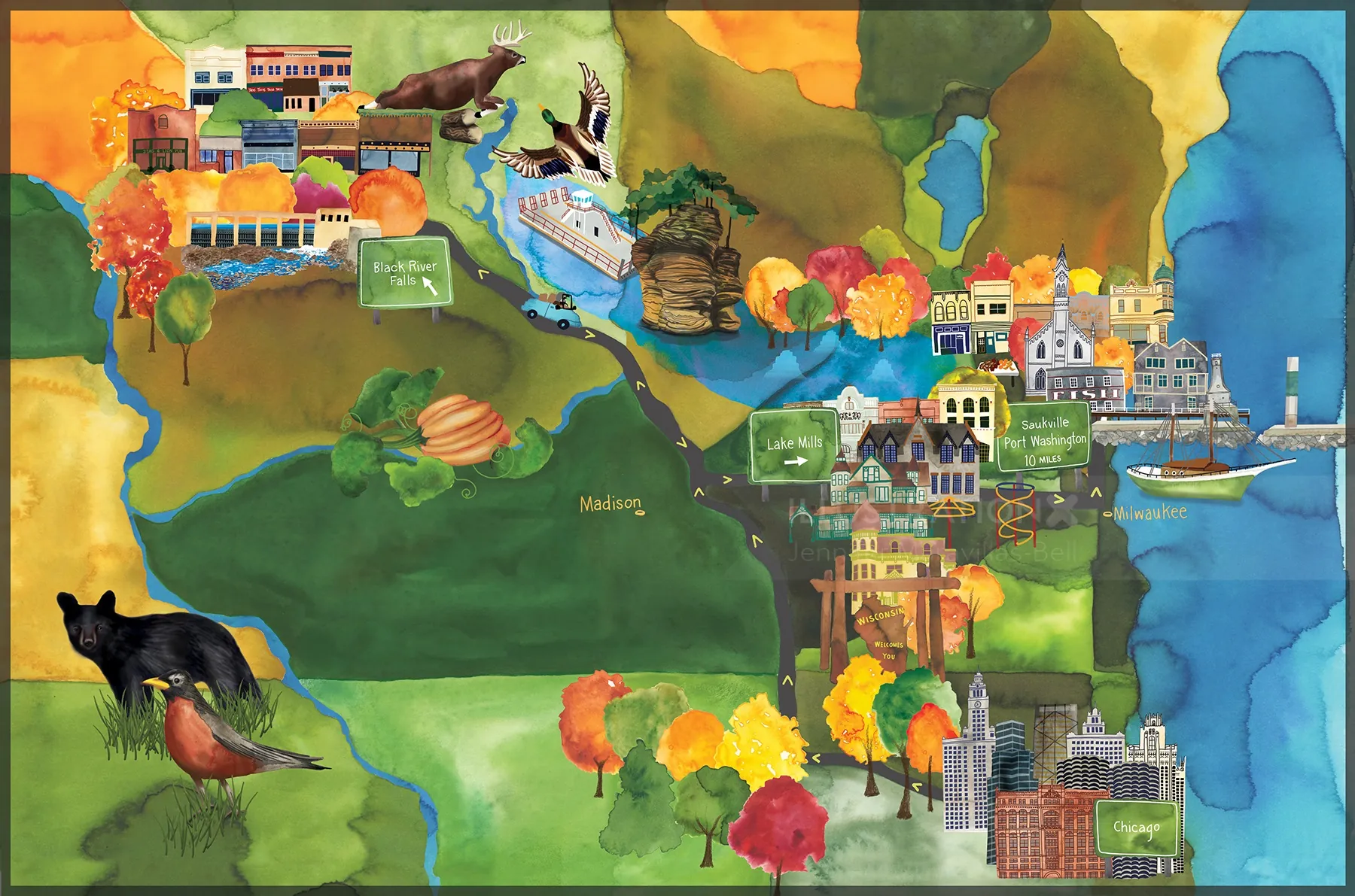 Colorful illustrated map with animals and buildings by Jennifer Maravillas-Bell
