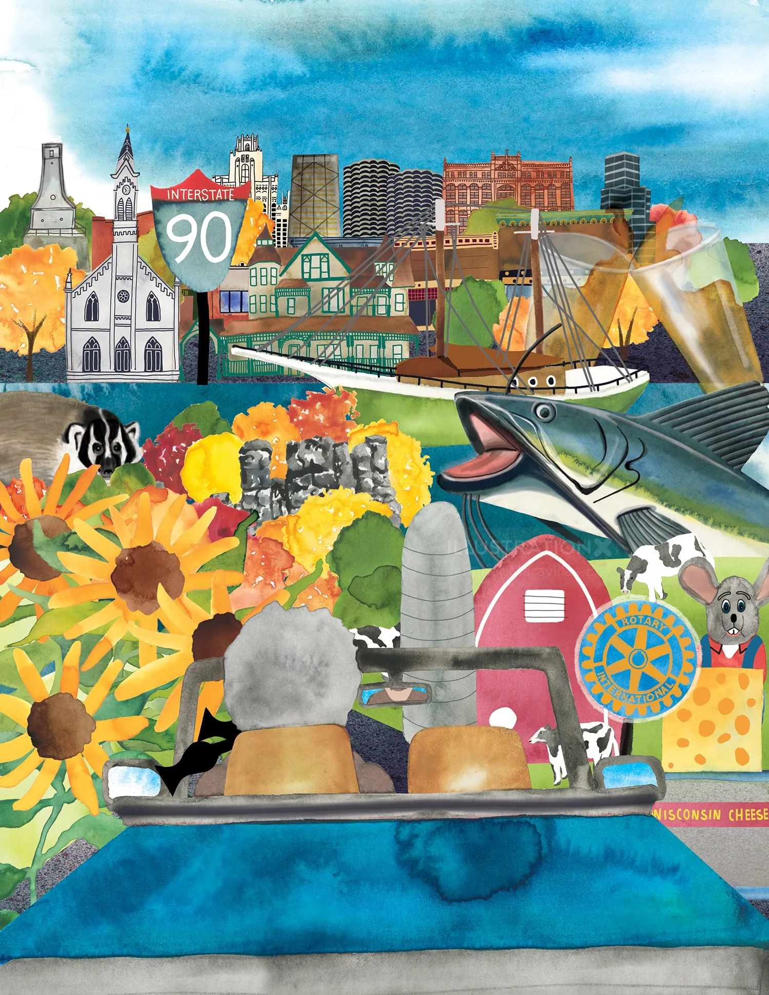 Colorful cityscape and fish with flowers and objects by Jennifer Maravillas-Bell