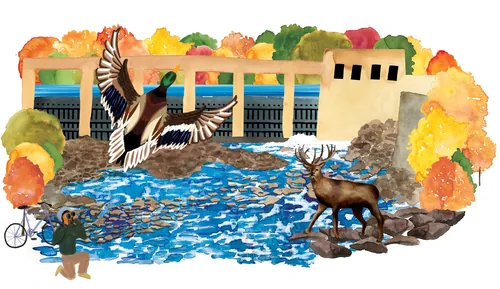 Water dam with deer, flying bird, fisherman, and colorful autumn trees by Jennifer Maravillas-Bell