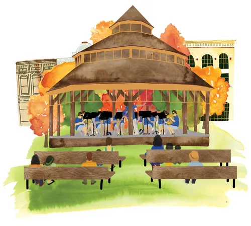 Watercolor of outdoor band playing in gazebo with audience benches by Jennifer Maravillas-Bell