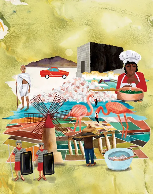 Ilustración de Jennifer Maravillas-Bell que muestra la producción y el comercio de sal.