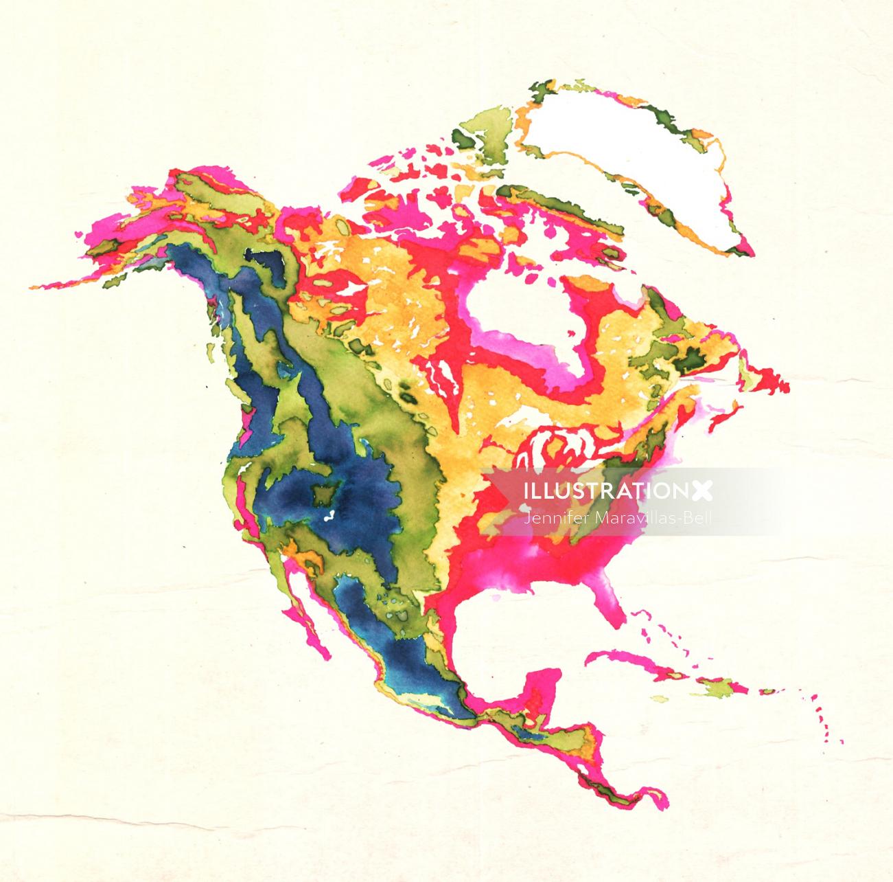Pintura em aquarela do mapa da América do Norte