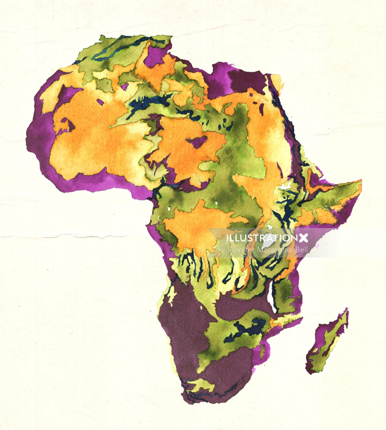Pintura em aquarela do mapa da África